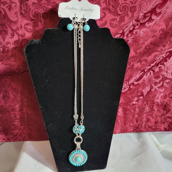 Fashion Jewelry Set Turquoise and Rhinstones Necklace & Earrings - Picture 1 of 5